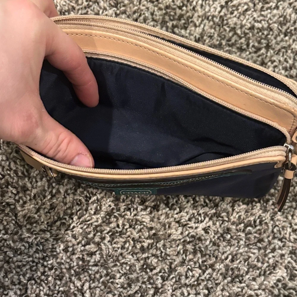 Coach Leather Wristlet Blue, Green & Tan